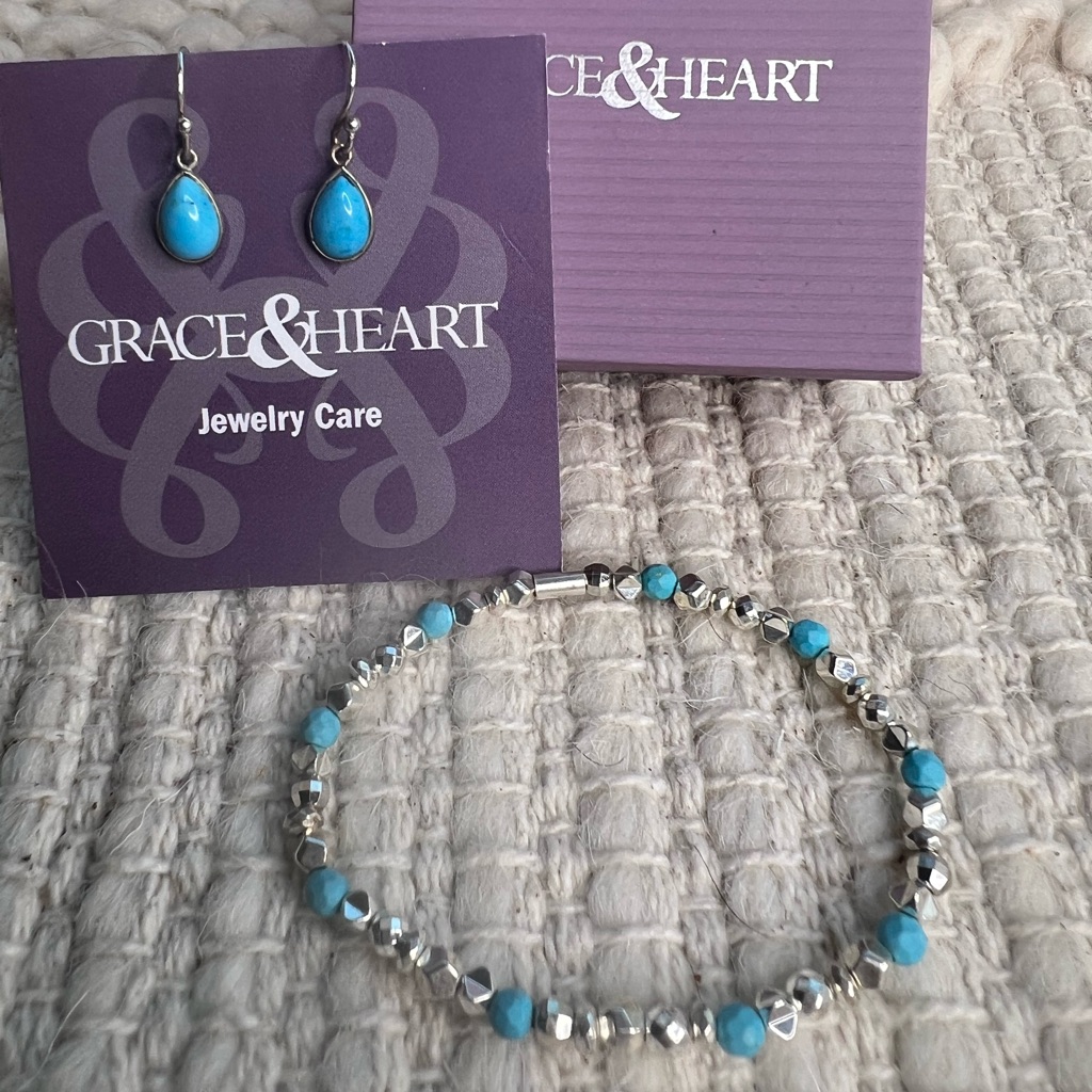 Grace Heart Sterling Silver Blue Tide Stretch Bracelet Turquoise Earrings 26$